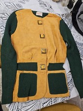Rare 1940s Shetland Suede Sportigan Iconic Sweater Colorblock Yellow Bakelite picture