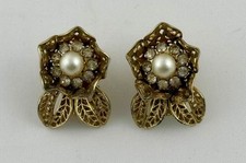 Vintage CORO Signed Gold Tone Faux Pearl Rhinestone Clip On Earrings 1960s Retro picture