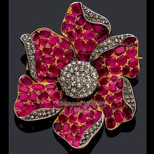 Stunning 2.99ctw Rose Cut Diamond Ruby Silver Victorian Flower Brooch Jewelry picture