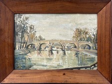Antique Original Oil painting, Bridge Seine Paris Architecture 1940’s Framed picture