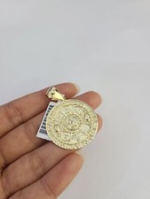 SOLID Real 10K Yellow Gold Mayan Calendar Pendant Aztec Round Charm 10kt picture