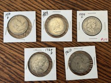 5 Franklin Half Dollars 90% Silver — 1953-D 1954 1959-D 1960-D 1961-D — Lot picture
