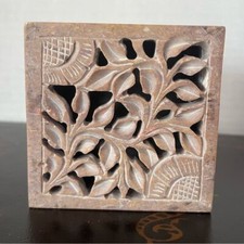 Vintage Etched/Carved Stone Trinket Box Floral Lattice Hinged Jewelry Box Brown picture