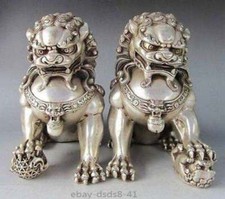 15.5cm Chinese Silver Bronze Fu Foo Dog Guardian lion Statue Pair picture
