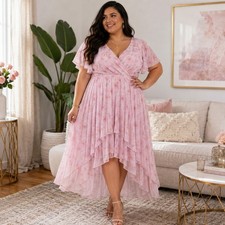 Ever-Pretty Pink Floral Chiffon High-Low V-Neck Formal Dress Plus Size 24 4XL picture
