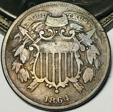 1864 Two Cent Piece 2C SMALL MOTTO Civil War Date US Copper Coin CC31355 picture