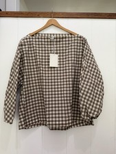Cos 100% Cotton Gingham Popover Blouse Brown White Long Sleeve Size 12 NWT picture