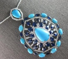 EXTRA LARGE 29.73CT DIAMOND & AAA SAPPHIRE & TURQUOISE 14K WHITE GOLD 3D PENDANT picture