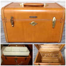 Vtg Samsonite Schwayder #4612 Brown Leather Makeup Train Hard Case+ Key 2 Trays picture