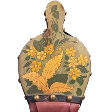 Antique Hand Painted Floral Fireplace Bellows Wood Leather Brass Studs 17.5