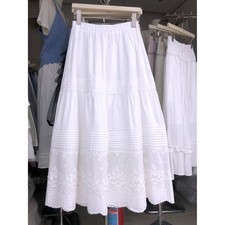 Women’s White Embroidered Cottagecore Eyelet Lace Elastic Waist Maxi Skirt picture