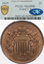 1865 2C PCGS MS65 RB CAC Fancy 5 Two Cent Piece OGH Green Retro Label Red Brown picture