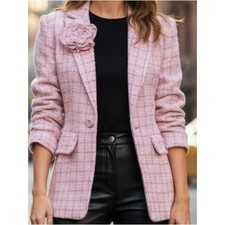 Cinq à Sept Pink Boucle Tweed Rosette Blazer Raw Edge Trim | Size 8 picture