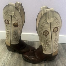 Olathe KS Kansas USA Made Brown Cream Leather Cowboy Western Boots Men’s 9 1/2 D picture