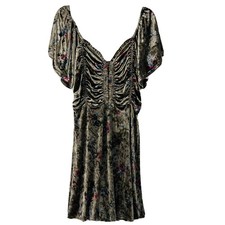 SugarLips Women’s Small Mini Dress Velvet Ruched Olive Floral Puff Sleeve picture