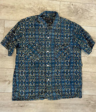 BEAMS Mens L Short Sleeve Button-Up Shirt Blue Geometric Print Made in Japan picture