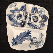 VTG, Hand Painted, Ceramic, Divided Serving Dish, Italian, Blue & White, Floral picture