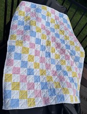 Handmade Vintage Patchwork Baby Quilt Pink Blue Yellow Gingham picture