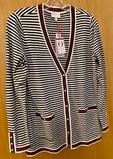 TALBOTS Cream Black Red Stripe Cotton Cardigan M $90 NWT picture