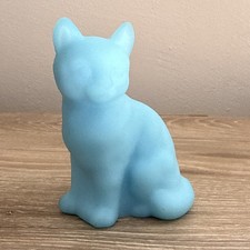 Fenton Blank Unsigned Blue Satin Glass Seated Cat Figurine Art Glass Vtg Stamped picture