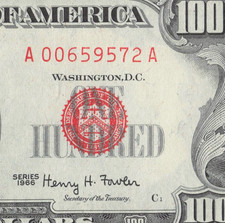 1966 $100 Red Seal Note — Serial A00659572A — Circulated — Total Run 768K picture