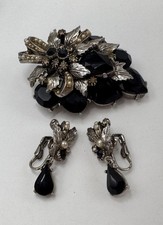 Vintage ART Arthur Pepper Black Rhinestone Brooch Earrings Pearl Demi Parure picture