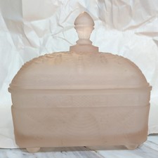 Vintage MCM Indiana Glass Tiara Pink Satin Frosted Honey Bee Hive Covered Dish picture