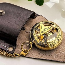 Personalized Brass Sundial Compass | Engraved Pocket Navigation Tool, Leather Ca picture