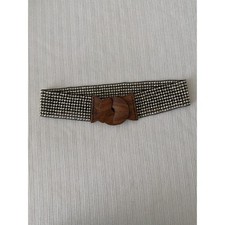 Vintage Boho Metallic Silver Glass Beaded Elastic Stretch Belt Wooden Buckle picture
