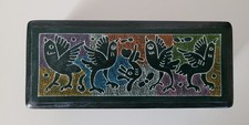 Vintage Mexican Olinala Black Lacquerware Trinket Box Animals Birds picture