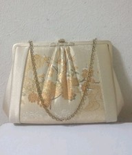 Vintage Japanese Kimono Clutch Bag Gold Brocade Floral Evening Purse Kiss Lock picture