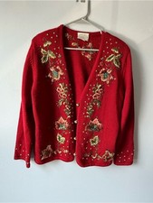 VTG 1994 Susan Bristol Beaded Red Floral Embroidered Cardigan Sweater Boho L picture