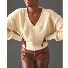 T.La Anthropologie Zuri V-Neck Sweatshirt Women Medium Ivory Popcorn Boucle Raw picture