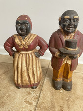 Vintage Cast Iron Painted Man & Woman Coin Banks Pair Collectible Figures picture