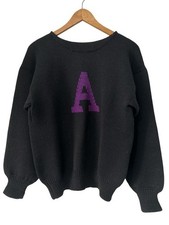 Vintage RecKnit Letterman Sweater Black Purple A Wool Varsity Made in USA Maine picture