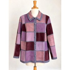 Vintage Denim & Co Patchwork Purple Leather Jacket Large 90s Crochet Suede picture