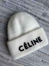 CELINE Logo White Ivory Knit Beanie Hat Black Logo Fleece Lined Winter Cap picture