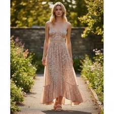 Japna Floral High Low Dress Womens XS Tan Pink Boho Smocked Midi 32283 picture