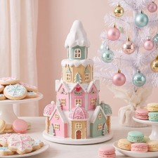 Lighted Gingerbread House Christmas Decor Pastel Pink Resin Village Tabletop picture