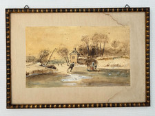 J FLECK SIGNED OLD ANTIQUE GERMAN WATERCOLOR PAINTING ICE SKATING STADT BRUCHSAL picture