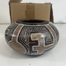 Vintage Terracota Ceramics Brown Tribal Geometric Terracotta Vase Made In Brazil picture