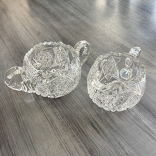 Antique Cut Crystal Creamer Open Sugar Set Hobstar Pinwheel ABP Style picture