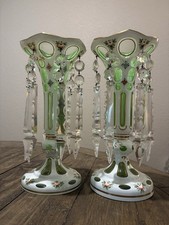 ~12” Antique Vintage Bohemian Czech Green Cut White Glass Mantel Mantle Lusters picture