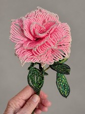 Vintage French Beaded Flower Pink Rose Silver Edging Handmade picture