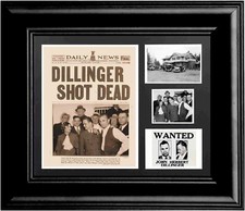 framed artwork John Dillinger Shot Dead Newpaper Headlines Photo Collage 16x20 picture