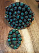 Vintage Arizona Old Pawn Navajo Zuni Turquoise Cluster Cuff Bracelet Ring Set picture
