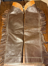 Vintage Brown Leather Western Chaps Fringe Tooled  picture
