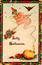 Antique Jolly Halloween Postcard Witch on Broomstick Owl ~ Gel~Winsch/Gottschalk picture