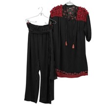 Diane Freis Georgette Polyester 2 PC VTG Women OS Black Floral Ruffle Hong Kong picture