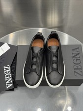 Men's Zegna Triple Stitch Low-Top Slip-On Black Leather Casual Shoes picture